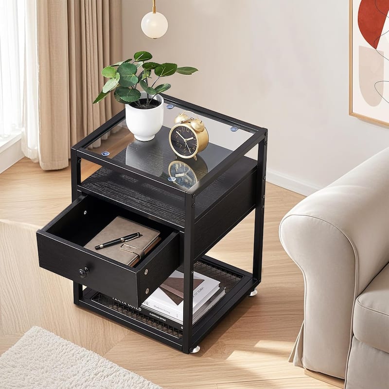 VECELO Modern 1- Drawer Nightstands with Tempered Glass Top