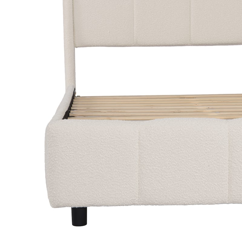 Boucle Fabric Upholstered Bed Frame with Curveshaped Thick Headboard, Soft Fluffy Wingback Bed, Beige Low Profile Platform Bed