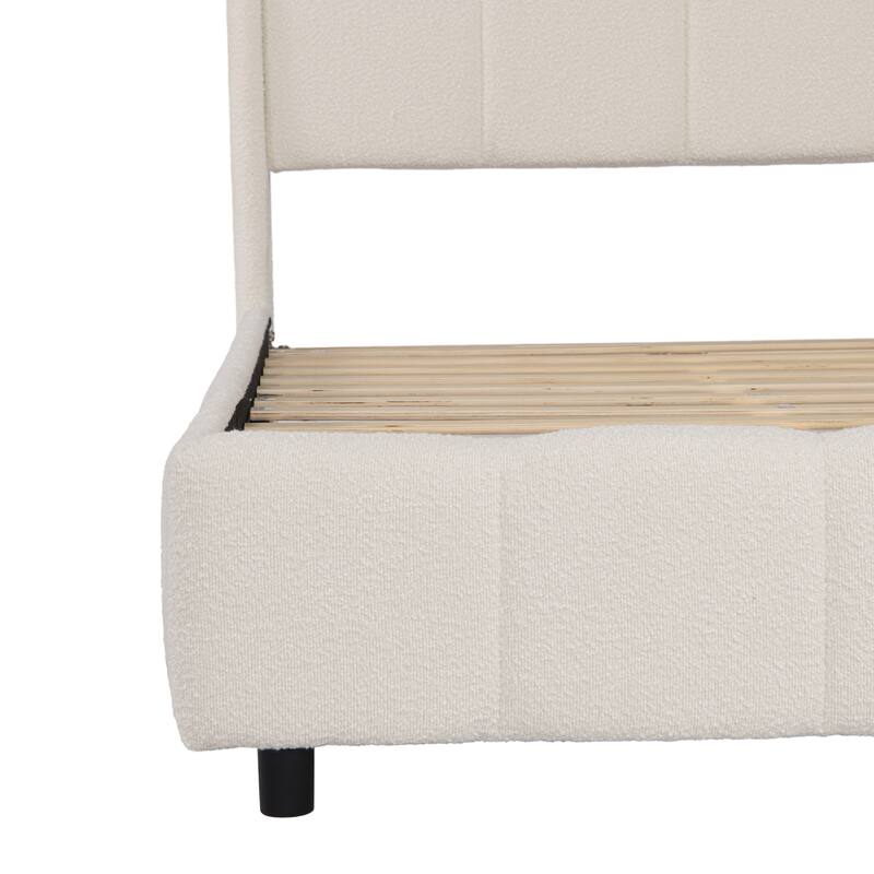 Roomfitters King Size Boucle Upholstered Platform Bed with Curved Headboard and Soft Rounded Frame, Beige