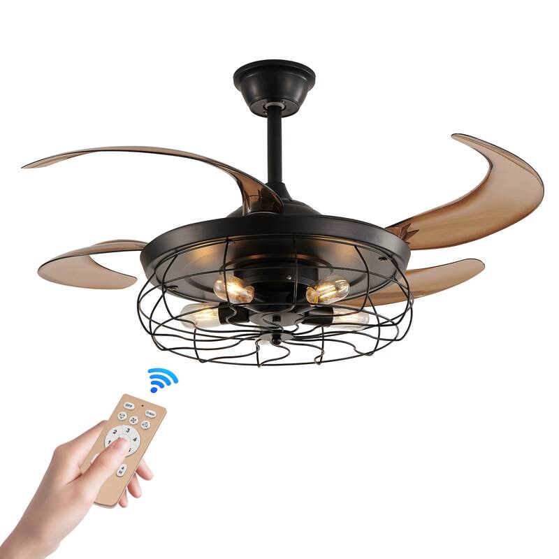 48 Inch Retractable Caged Ceiling Fan with Remote, Industrial 6-Speed/Reversible/DC Motor Ceiling Fan (Bulb Not Included)
