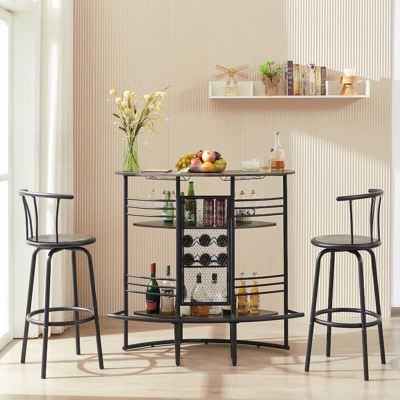 VECELO, 3-Piece Bar Table Set, Rustic Dining Room Pub Tables with Storage Shelf, 2 Back Barstools, Counter Height,