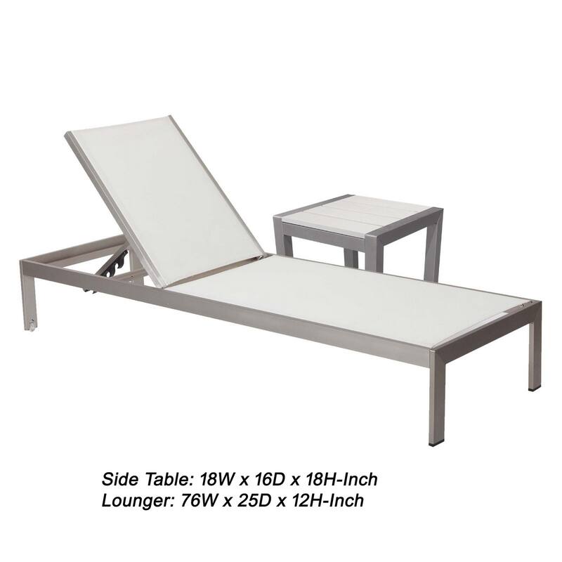 Metal Frame Adjustable Lounger with Side Table, Set of 2, Gray and White