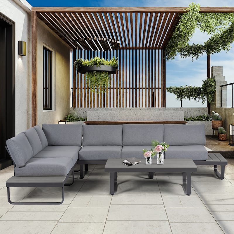6 Person Outdoor L-Shape Metal Sectional Sofa Set with Cusions and Coffee Table