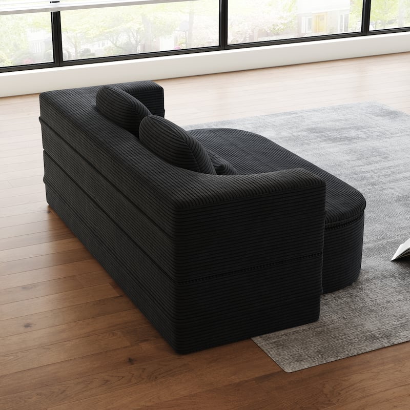Roomfitters 75" Convertible Foldable Sofa Bed, Corduroy Sleeper Foam Lounge Sofa with Blanket for Living Room, Black