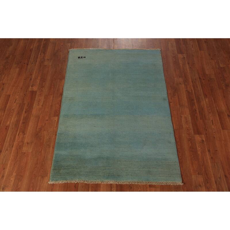 Green & Blue Gabbeh Modern Rug Handmade Stripe Wool Carpet - 3'4" x 4'10"