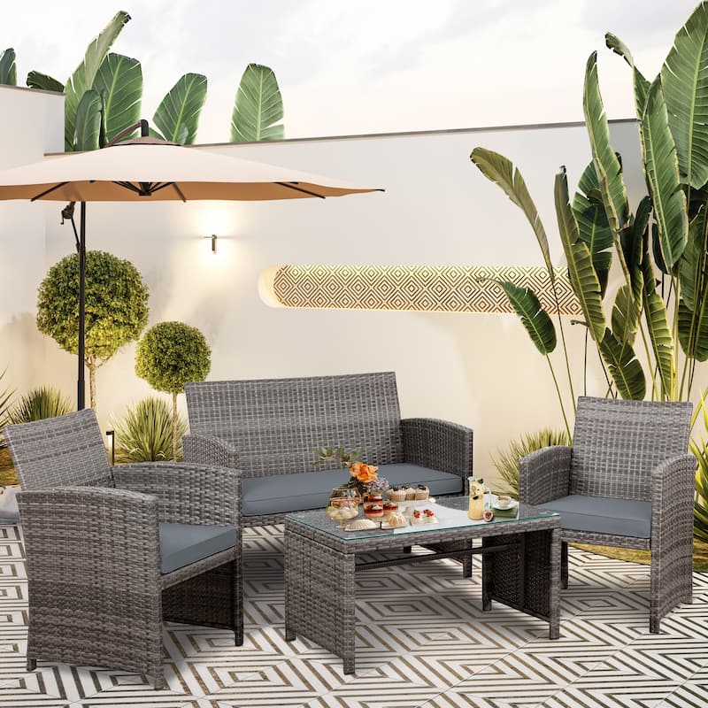 Futzca 4 Pieces Outdoor Patio Furniture Sets Conversation Sets Rattan Chair - Grey