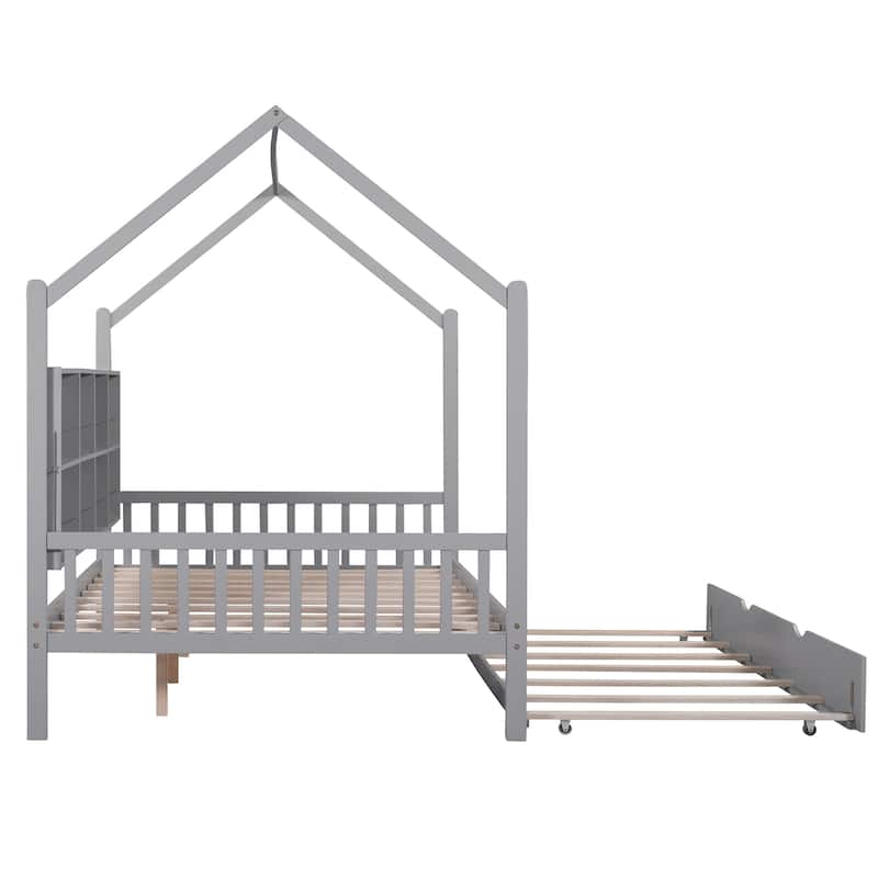 Full Pine Kids House Platform Bed with Trundle, Shelf, and Roof