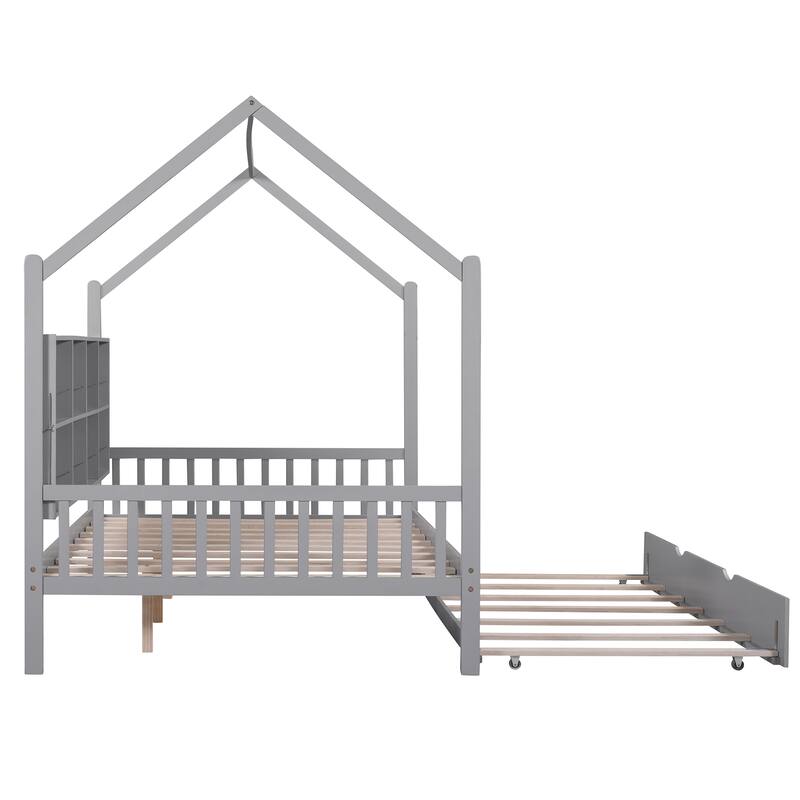 Pine Kids House Platform Bed with Trundle, Shelf, and Roof