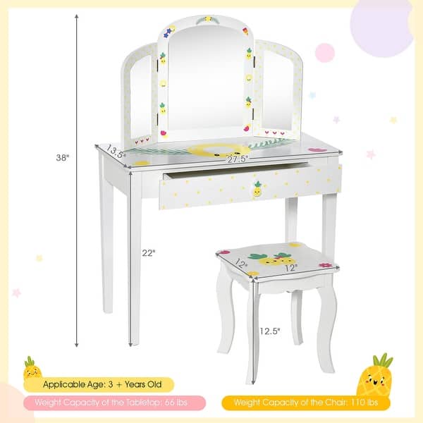Gymax Kids Vanity Table Set Tri-Folding Mirror Pretend Play Dressing