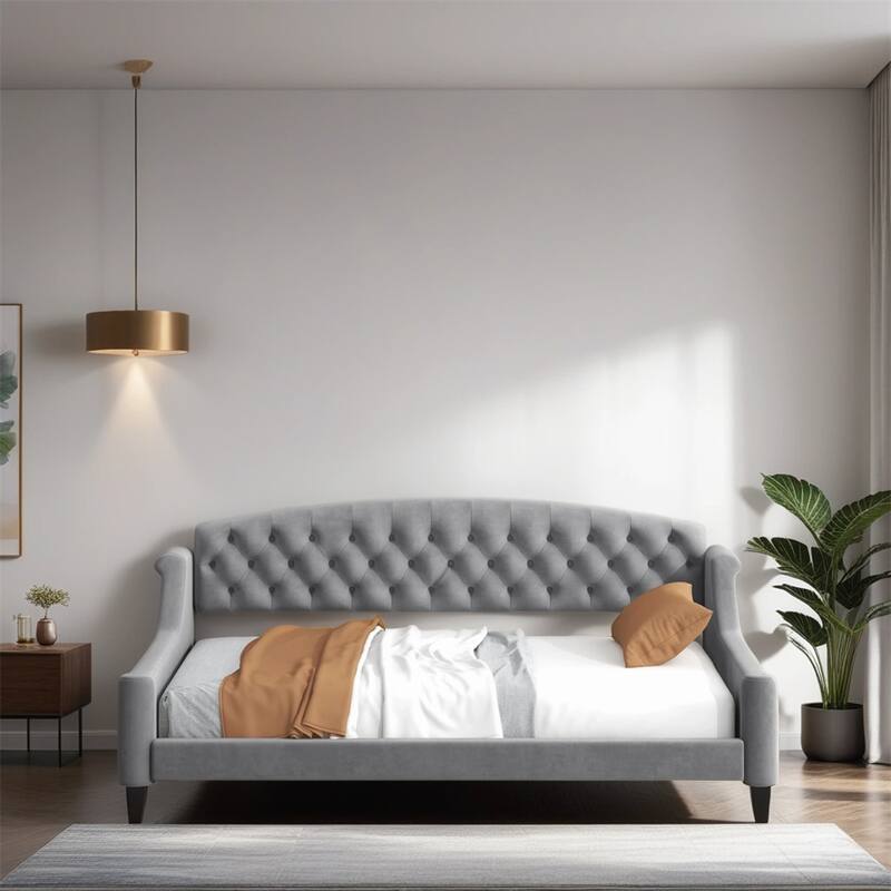 Twin Size Velvet Tufted Daybed with Wood Frame and Legs - Gray