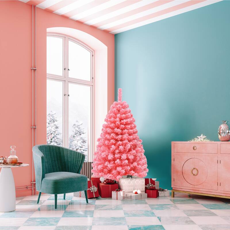 Gymax 4.5/6.5/7.5 FT Artificial Snow Flocked Pink Christmas Tree Unlit - See details