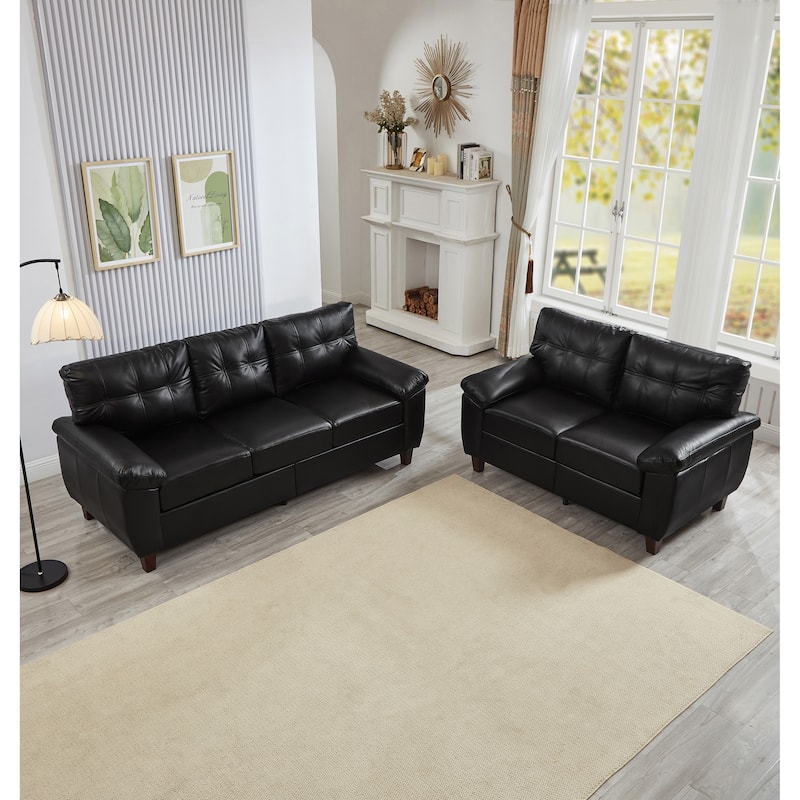 Faux Leather Upholstered Sofa Set of 2 with Loveseat and 3 Seater Couch, Breathable PU Leather Sofa with Storage and Big Armrest