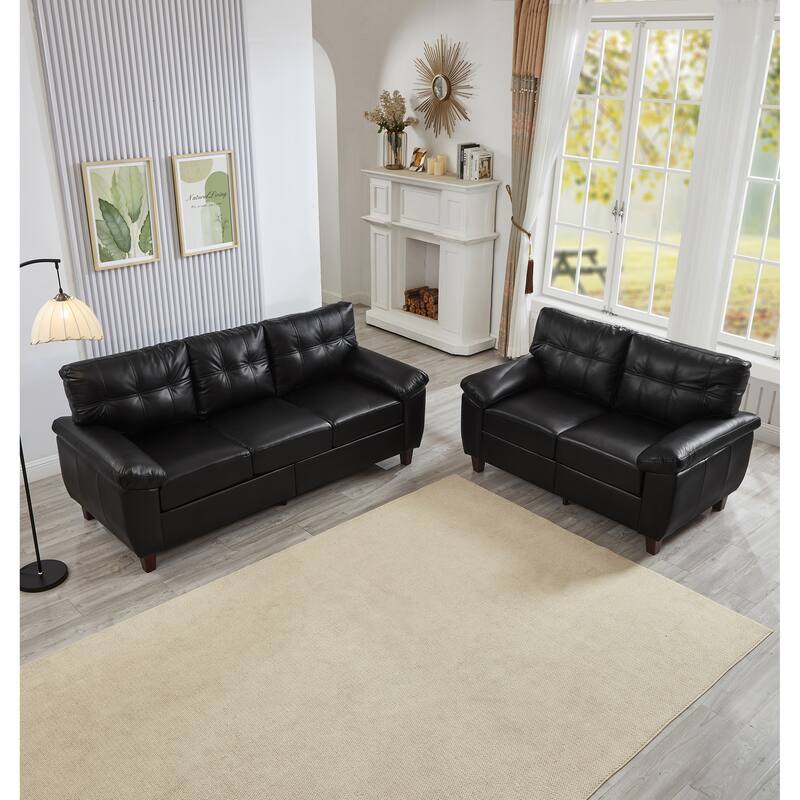 Roomfitters 2-Piece Sofa Set with Wide Armrests, Faux Leather 3-Seater and Loveseat with Storage for Living Room, PU Upholstery