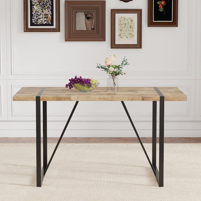 Retro-Inspired Minimalist Dining Table – Features a Textured MDF Wood Top and Sleek Black Metal Legs -  Black,Wood