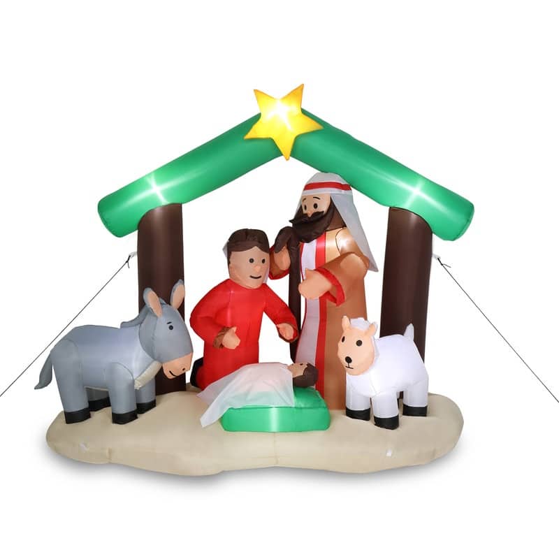 7 Ft. Christmas Snowy Night Nativity Scene Inflatables Outdoor Decoration with LED Lights - Green