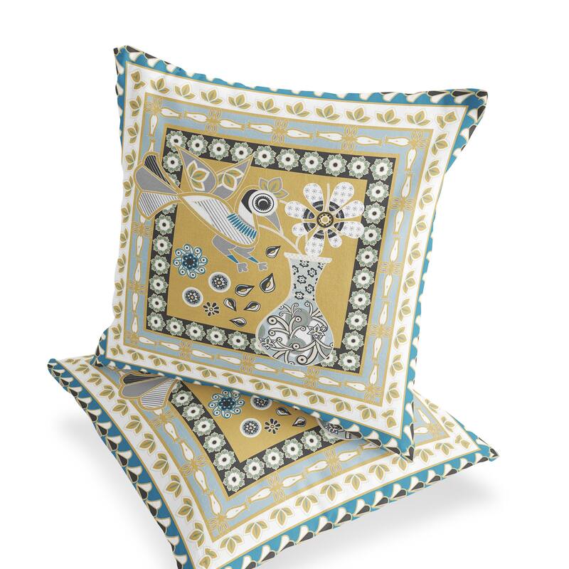 HomeRoots Set of Two 16" X 16" Beige and White Peacock Blown Seam Floral Indoor Outdoor Throw Pillow - 16.00' X '16.00' X '5.00