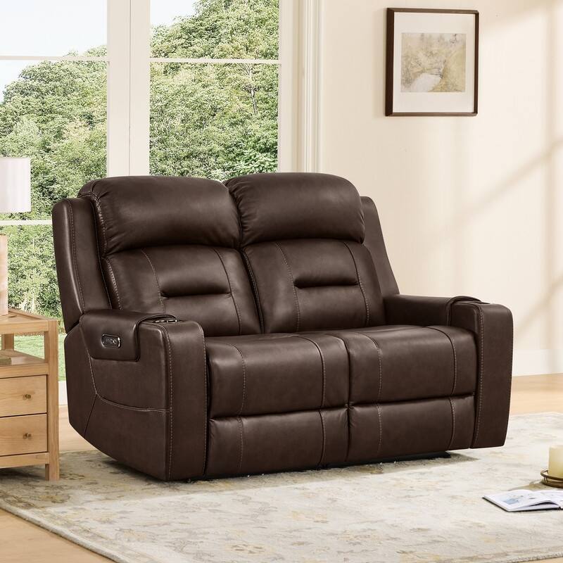 Spruce & Spring Genuine Leather Power Reclining Sofa with Wireless Charging