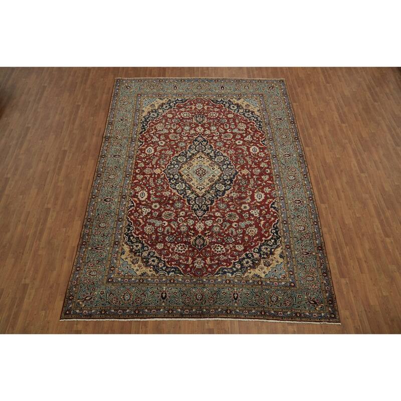 Hand Knotted Oriental 100% Wool Carpet Traditional Floral Red Kashan Area Rug - 13' 5'' X 9' 7''