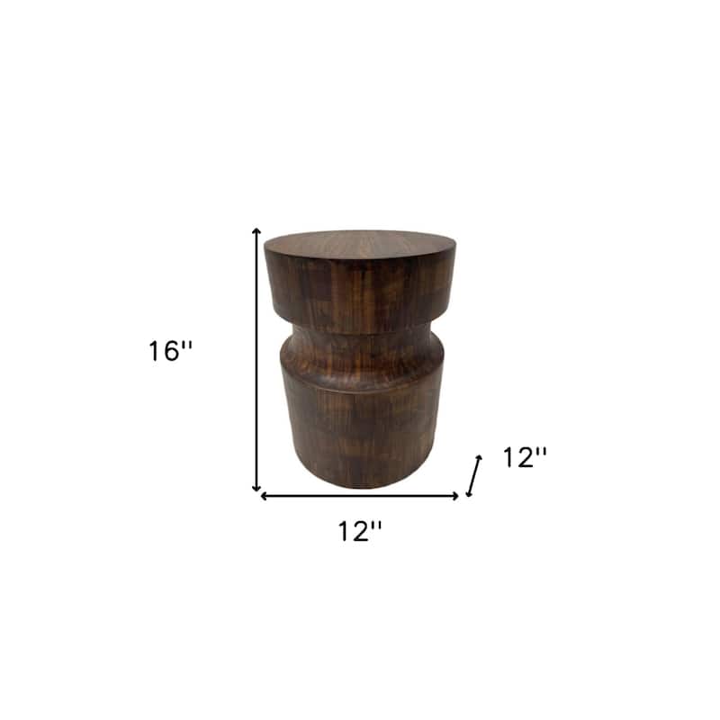 Brown Solid Wood Drum End Table with Natural Finish Handcrafted 16 Inch - 12” x 12” x 16” (D x W x H)
