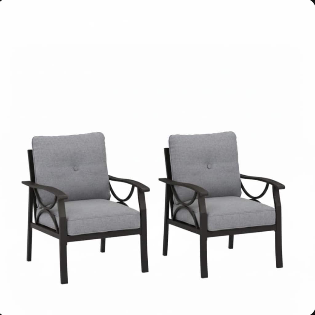 Set of 2 Metal Armchairs, Black Frame with Gray Cushions