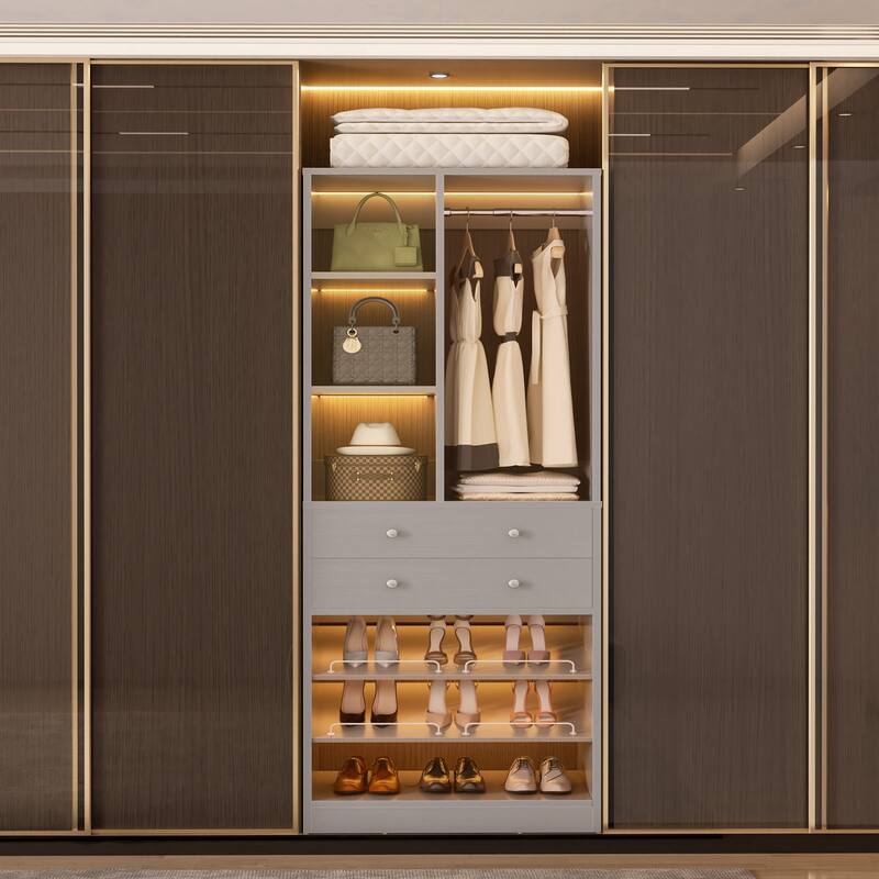 Grimm 28'' Closet Organizer with Shoe Racks and Drawers, Closet System with Hanging Rod and Adjustable Shelves - 1pc - Grey