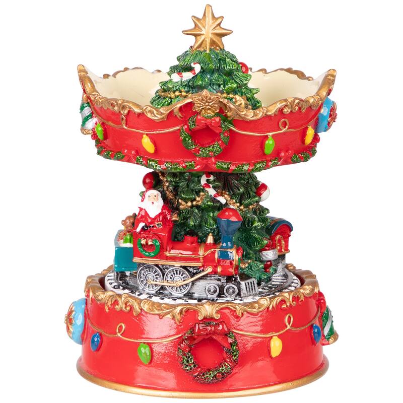 6" Red and Gold Musical Santa on Train Christmas Carousel Music Box