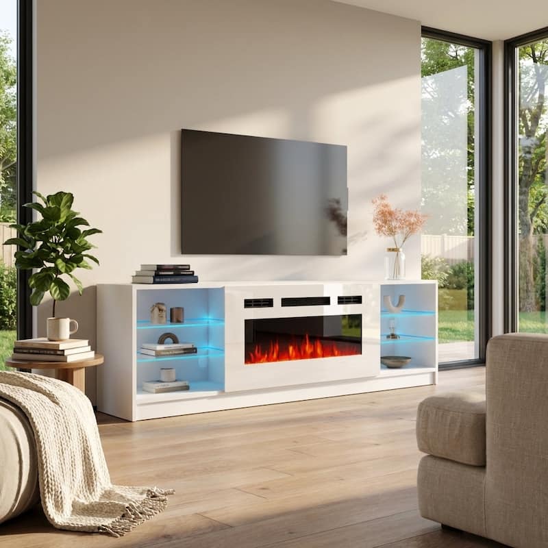 Meble Furniture Boston 79" Electric Fireplace TV Stand with 40" Fireplace Insert and LED Shelf Lighting