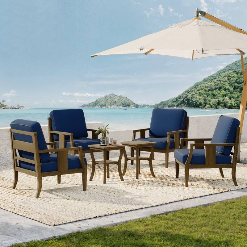 Patio Conversation Sets with Side Table(Set of 6) - Navy/Brown - Brown Wood