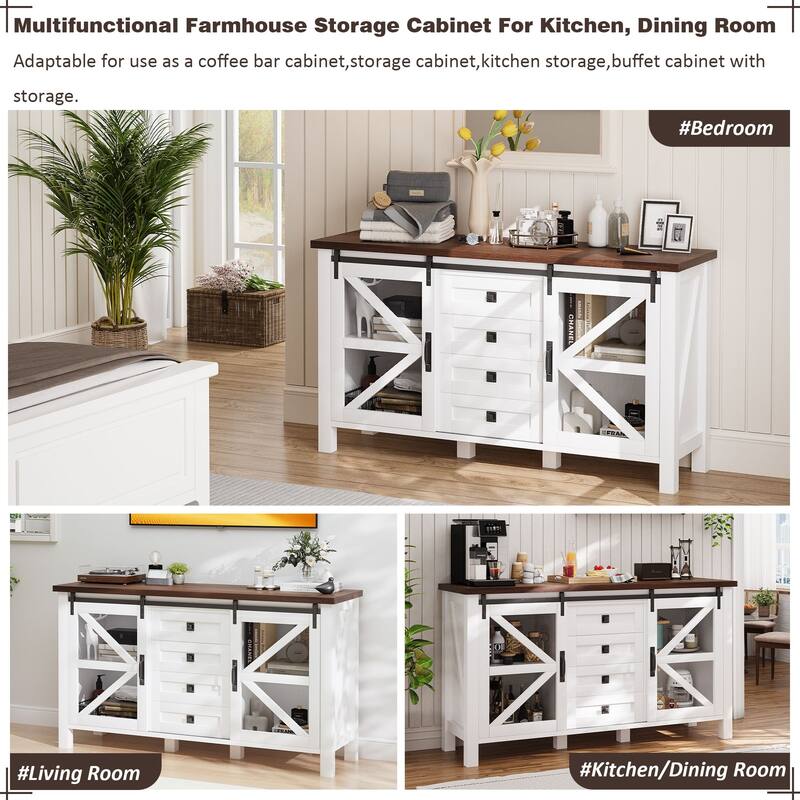 Gymojoy Farmhouse Buffet Cabinet with Barn Doors, 4 Drawers, for Kitchen, Dining Room, Living Room Storage