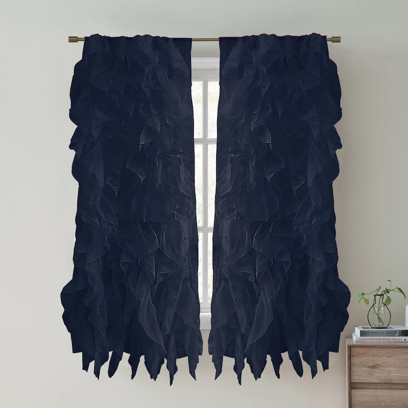 Sweet Home Collection Chic Sheer Voile Vertical Ruffled Tier Window Single Panel Curtain - 63" Long - Navy
