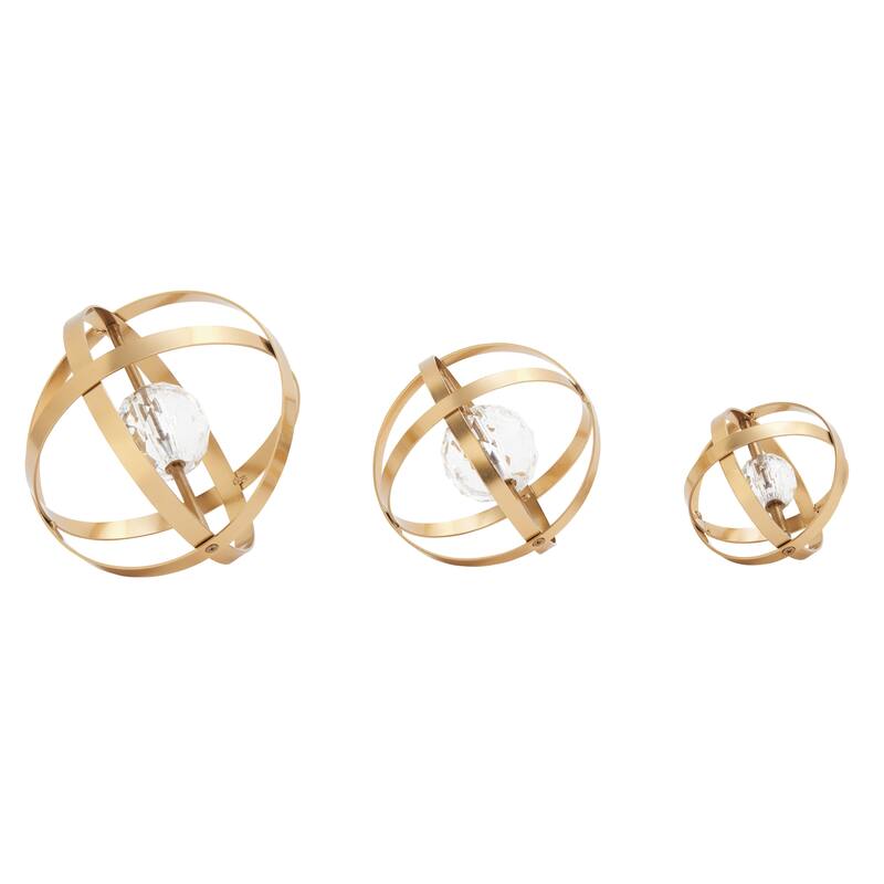 Gold or Silver Metal Orb Geometric Decorative Sculpture with Acrylic Center (Set of 3)