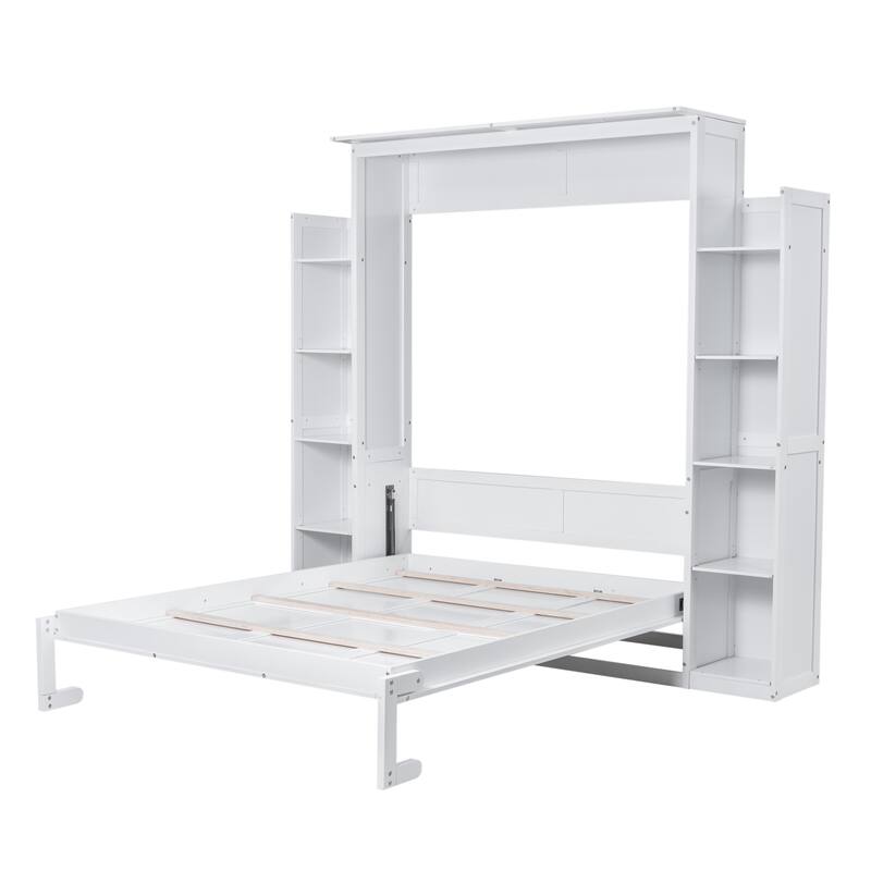 Murphy Bed Frame Foldable Into Wall Cabinet with Bookshelf & LED Light