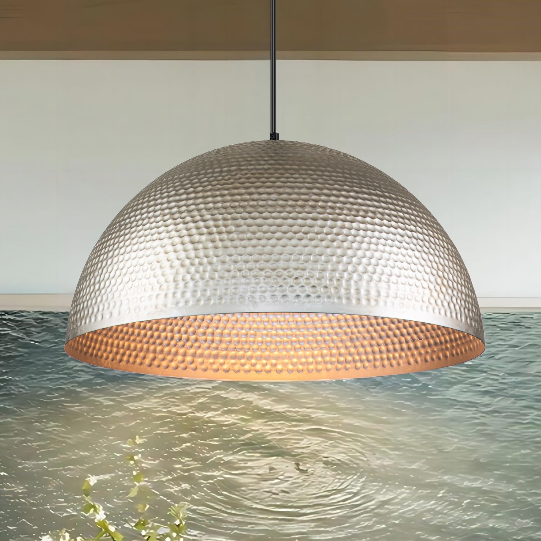 1-Light 24 inches Farmhouse Industrial Large Metal Hammered Antique Silver Oversized Dome Pendant Light - 24"D