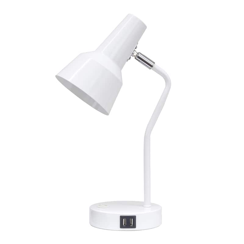 Modern Metal Gooseneck Desk Lamp with Dual USB Charging Ports Adjustable Arm Multiple Colors - 7.8" (L) x 5.2" (W) x 15.2" (H) - White