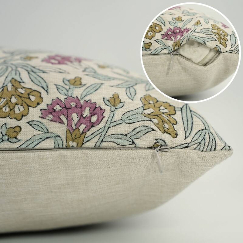 Fabdivine Hand Block Print Floral Pillow Cover Linen Cushion Case for Sofa Guest Room Fall Home Accent Gift, Shehjan