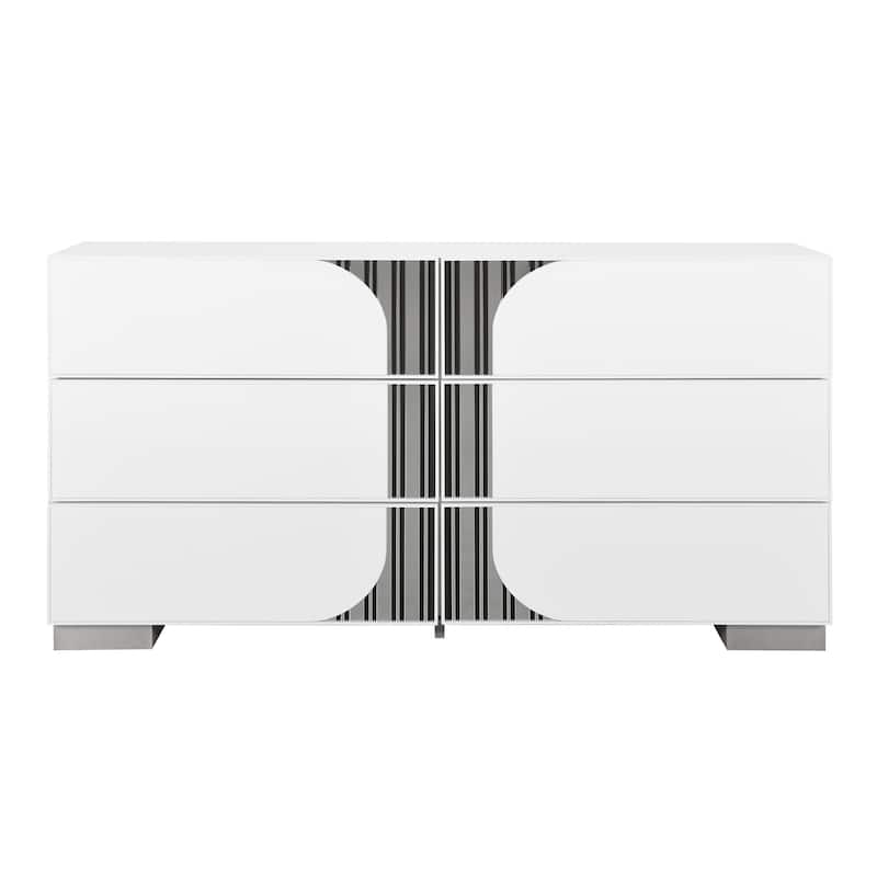 HomeRoots 64" White Wood With Silver And Black Mirrored Accents Six Drawer Double Dresser