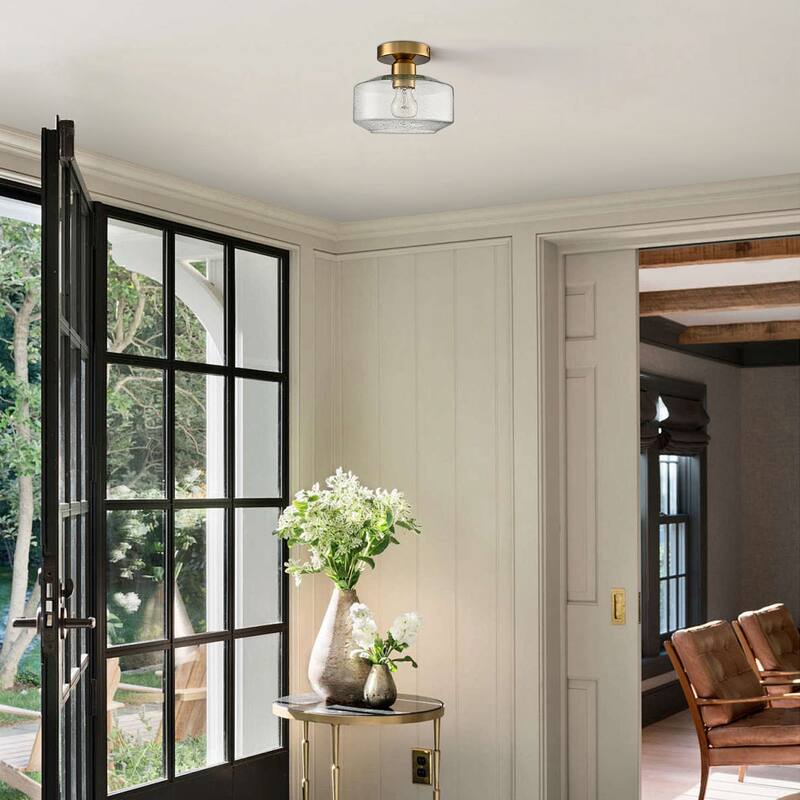 Pistoia Modern Gold Semi Flush Ceiling Light Seeded Glass Drum Shade, 1-Light