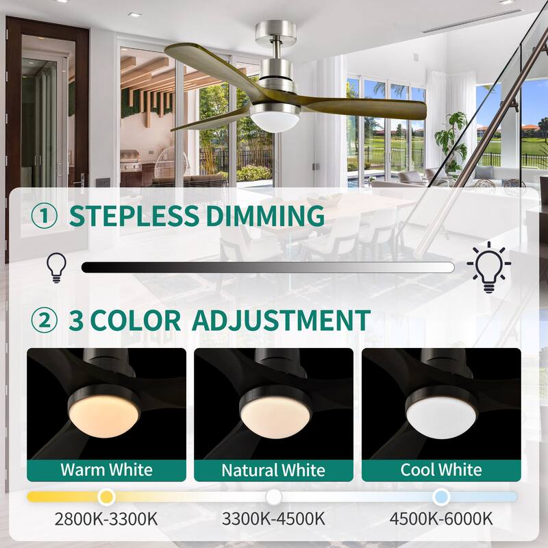 Moasis 52 inch Walnut Wood Ceiling Fan Light with Remote Control,LED 3-Color Adjustable - 52"