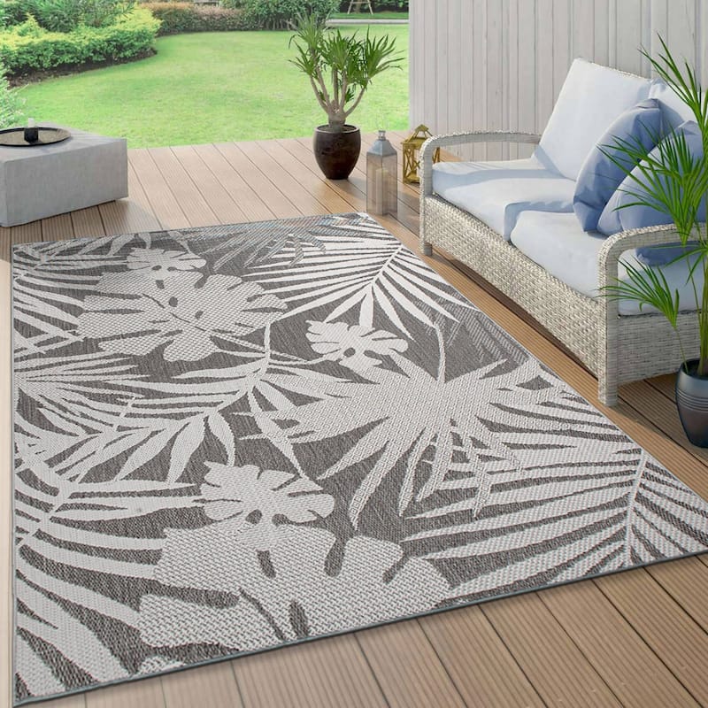 Contemporary Tropical Leaves Indoor/Outdoor Flatweave Waterproof Backyard Patio Area Rug