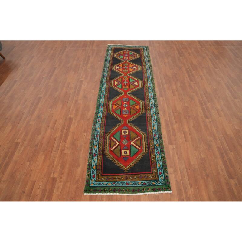 Hand Knotted Oriental 100% Wool Carpet Traditional Geometric Greys & Charcoal Ardebil Runner Rug - 12' 2'' X 3' 4''