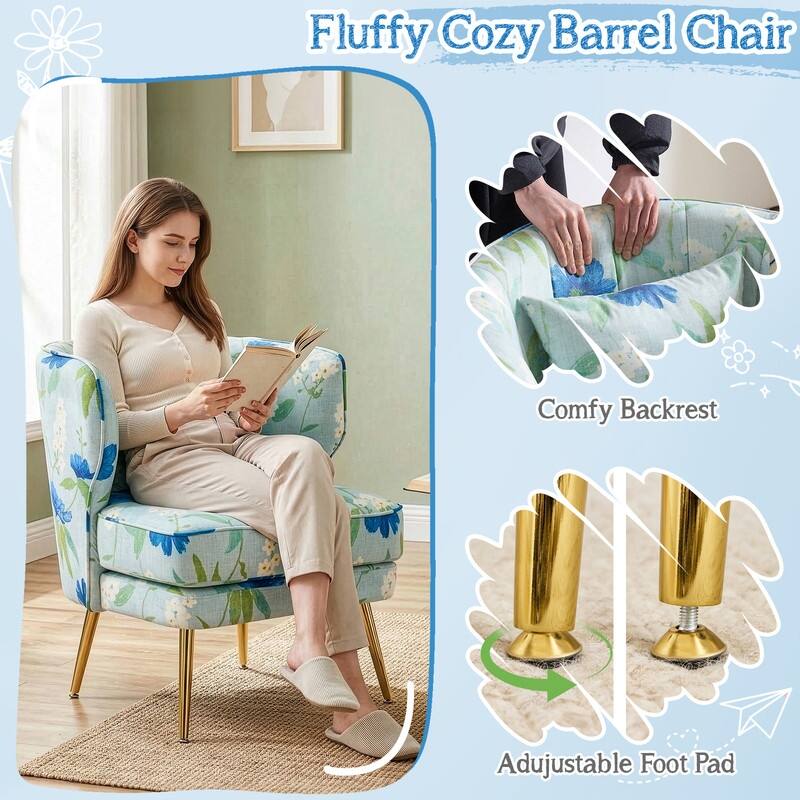 Mid Century Modern Upholstered Reading Chair with Lumbar Pillow, Gold Metal Legs, Small Space Friendly for Living Room Bedroom