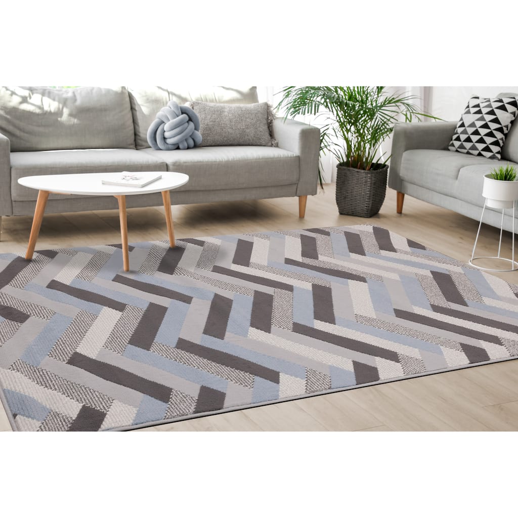 Florence Collection - Grey/Blue Herringbone Rug - 4'7" x 6'7"