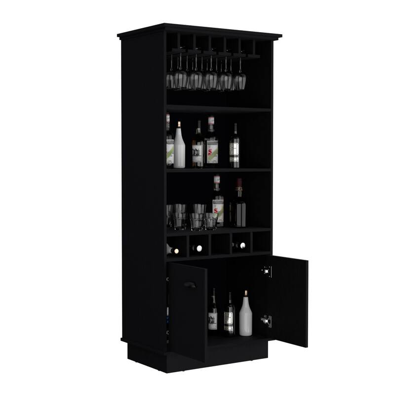 Dundee 70-Inch High 10-Glass Bar Cabinet with 5 Cubbies and 3 Open Shelves and Cabinet