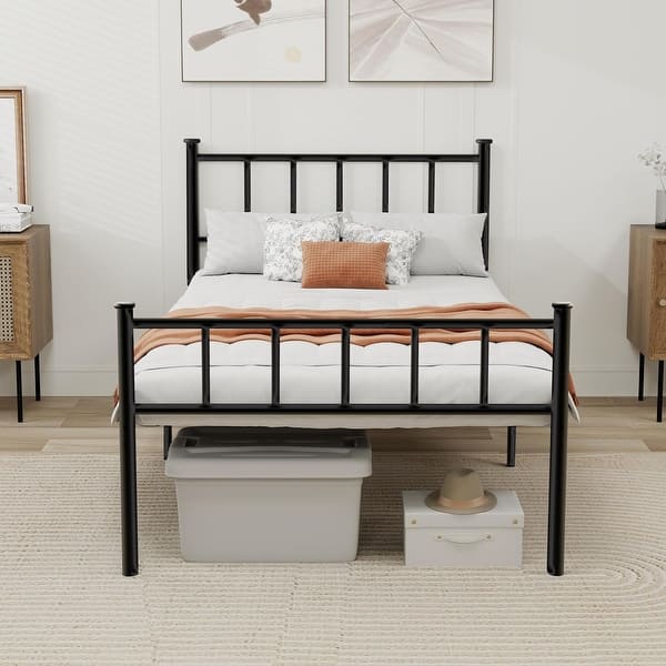 slide 2 of 21, alazyhome Classic Metal Platform Bed Frame Steel Slat Support, Black Black - Twin
