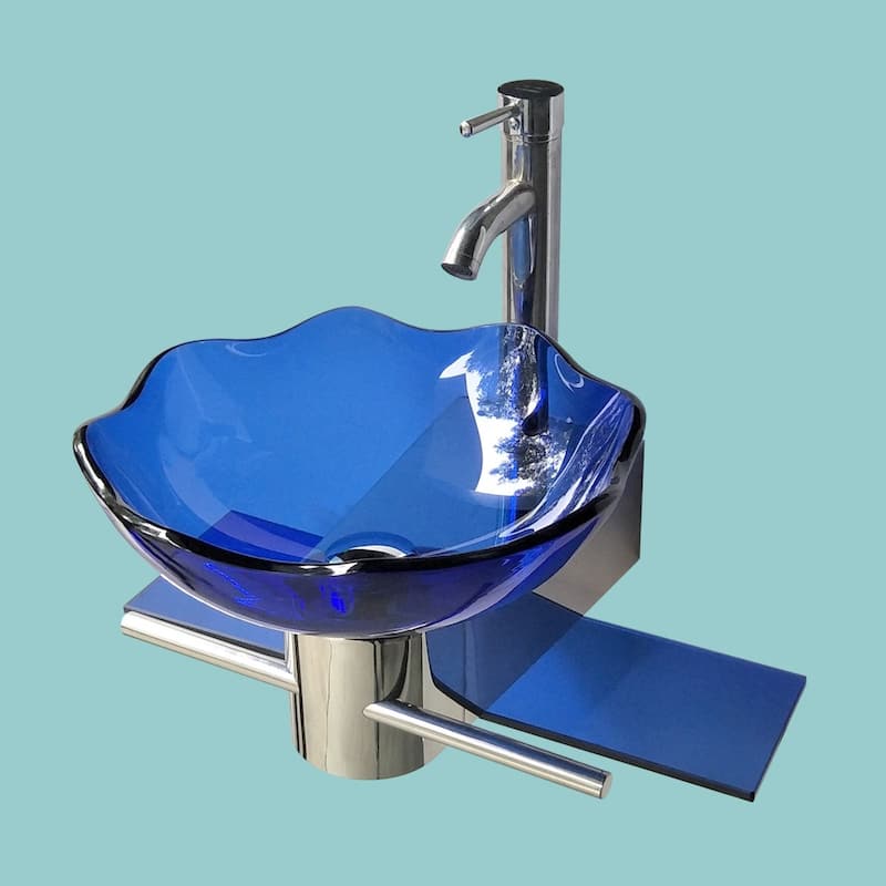 23.25" Blue Tempered Glass Wall Mount Bathroom Sink with Chrome Faucet, Pop Up Drain and Towel Bar