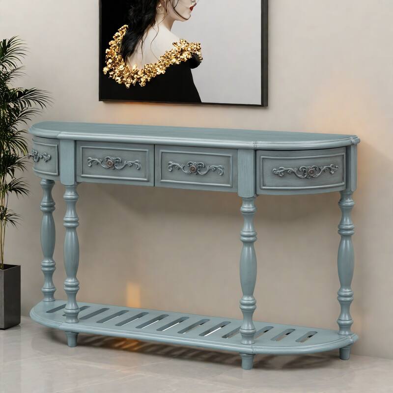 52" Classic MDF Console Table With 4 Drawers And Open Shelf for Living Room - Antique Blue
