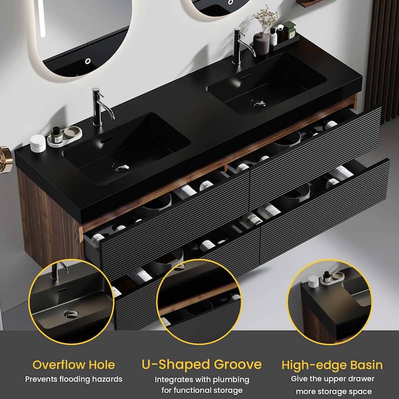 Wall Mounted Bathroom Vanity with Glossy White Solid Surface Sink