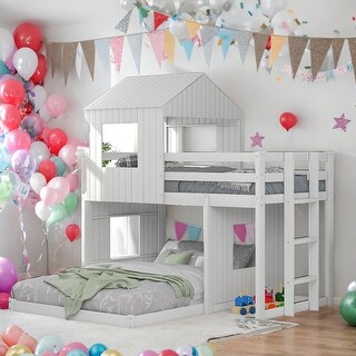Wooden Twin Over Full Bunk Bed Loft Bed With Playhouse,Ladder and Guardrails