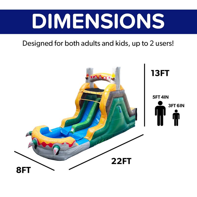 HeroKiddo T-Rex Adventure 12' Tall Dual Lane Inflatable Water Slide with Pool, Commercial PVC, Kids and Adults, Blower Included