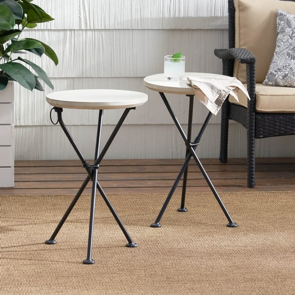 slide 2 of 7, Los Feliz Outdoor Round Portable Foldable Acacia Wood Side Table (Set of 2) by Christopher Knight Home Grey